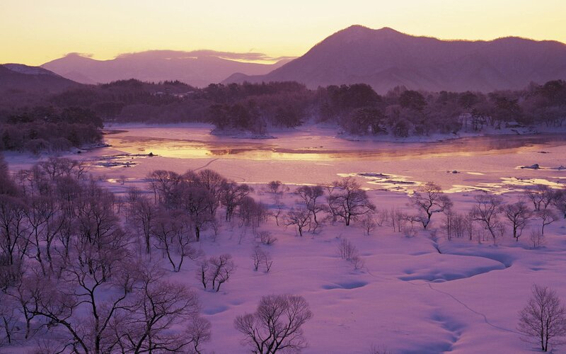 Snow-covered River Landscape — Purple, Serene, Winter