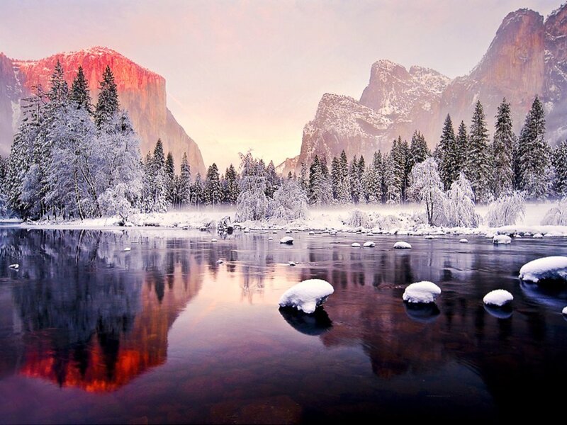 Snow-covered River Landscape — Red