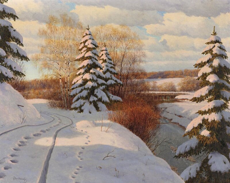 Snow-covered River Landscape — White, Serene, Winter, Painting