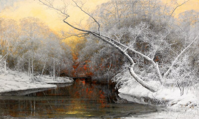 Snow-covered River Landscape — White, Serene, Winter, Painting, Trees