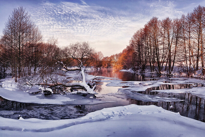 Snow-covered River Landscape — White, Serene, Winter, Photograph