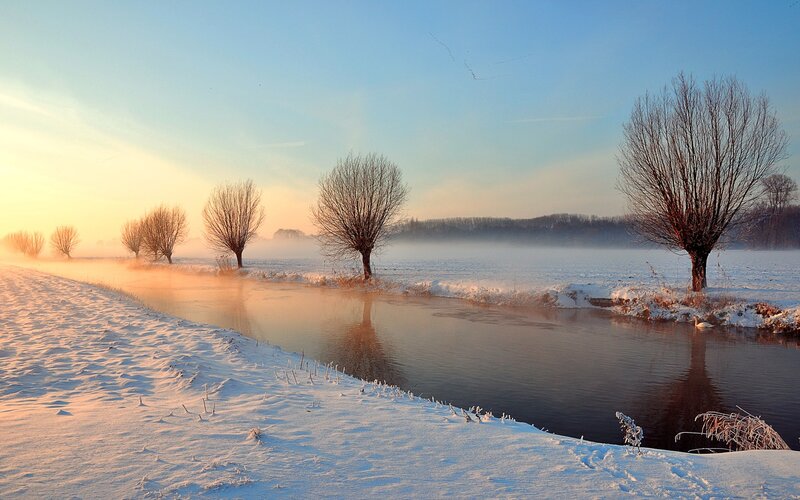 Snow-covered River Landscape — White, Serene, Winter, Photograph, Trees, Fog