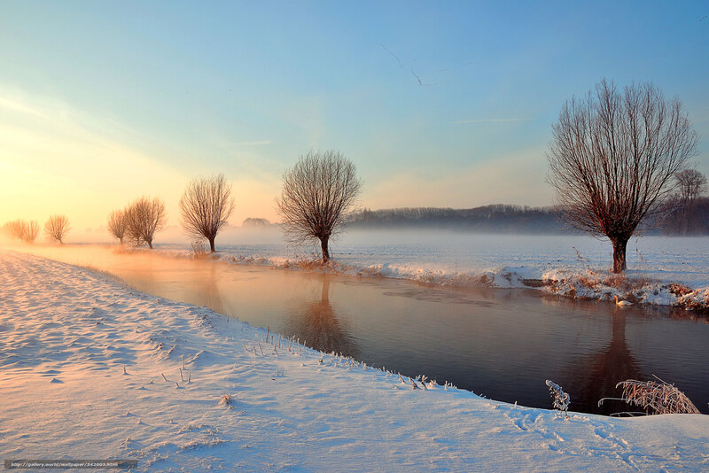 Snow-covered River Landscape — White, Serene, Winter, Photograph, Trees