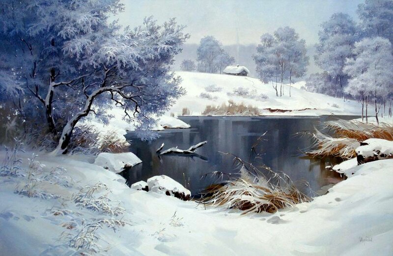 Snow-covered River Landscape — White, Serene, Winter