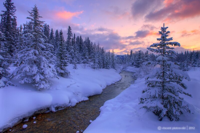 Snow-covered River — Purple, Serene, Sunset, Photograph, Trees