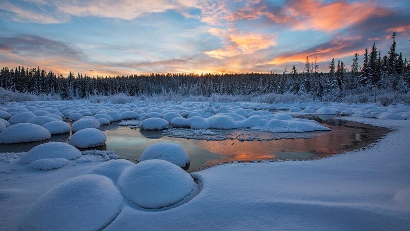 Snow-covered River Rocks — Blue, Serene, Sunset