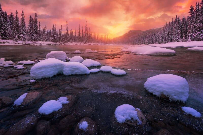 Snow-covered River Rocks — Orange