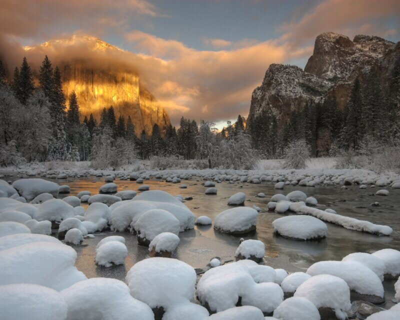 Snow-covered River Rocks — White