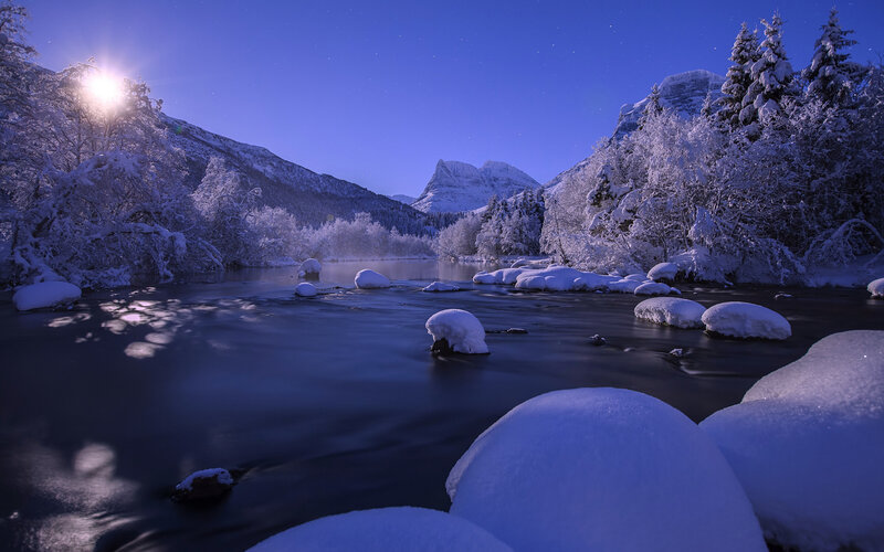 Snow-covered River Valley — Blue, Serene, Night, Photograph