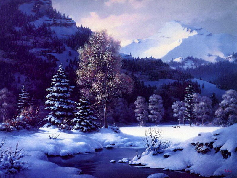 Snow-covered River Valley — Blue, Serene, Winter, Painting