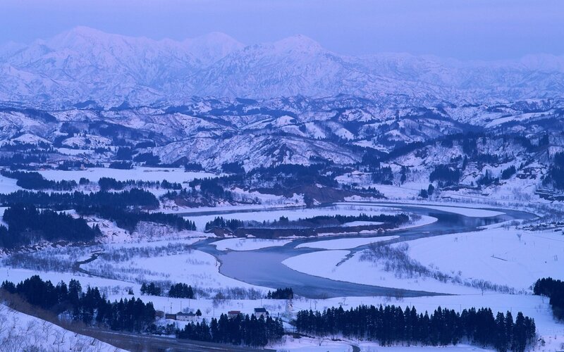 Snow-covered River Valley — Blue, Serene, Winter, Photograph, Mountains, Trees, Village
