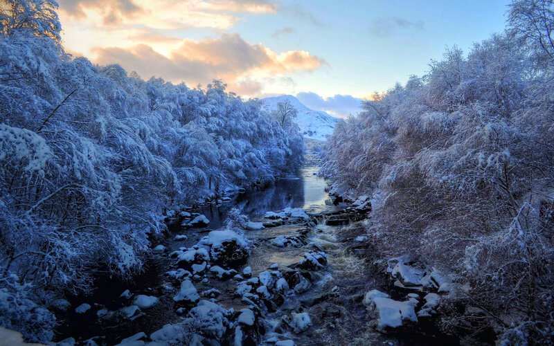 Snow-covered River Valley — Blue, Serene, Winter, Photograph