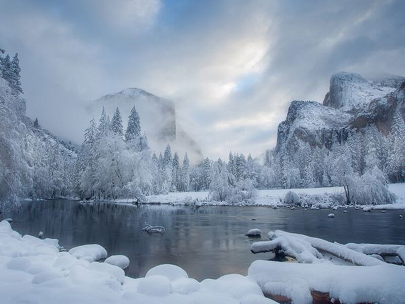 Snow-covered River Valley — Blue, Serene, Winter, Photograph, Trees, Mountains, Fog