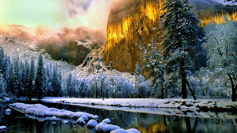 Snow-covered River Valley — Blue, Serene, Winter, Photograph, Trees