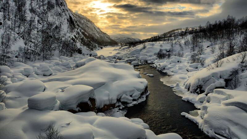 Snow-covered River Valley — White, Dramatic