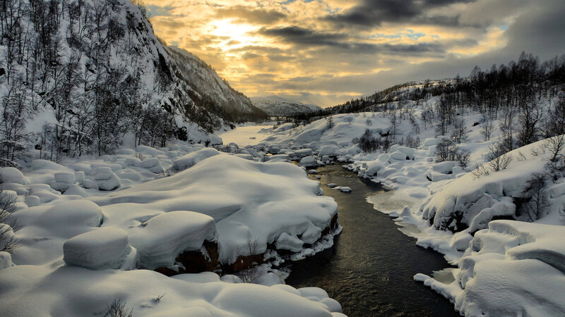 Snow-covered River Valley — White, Dramatic, Winter