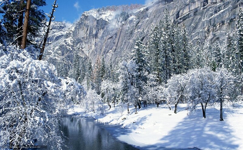 Snow-covered River Valley — White, Serene, Winter, Photograph, Mountain, Trees