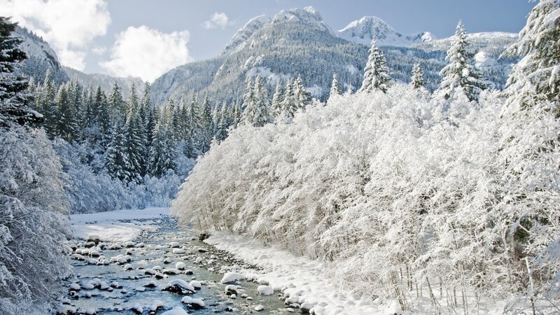 Snow-covered River Valley — White, Serene, Winter, Photograph, Mountains