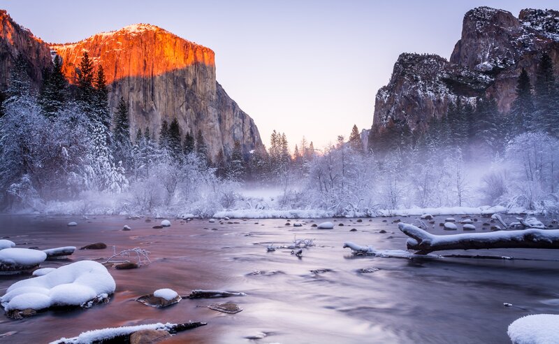 Snow-covered River Valley — White, Serene, Winter, Photograph, Mountains, Trees, Fog
