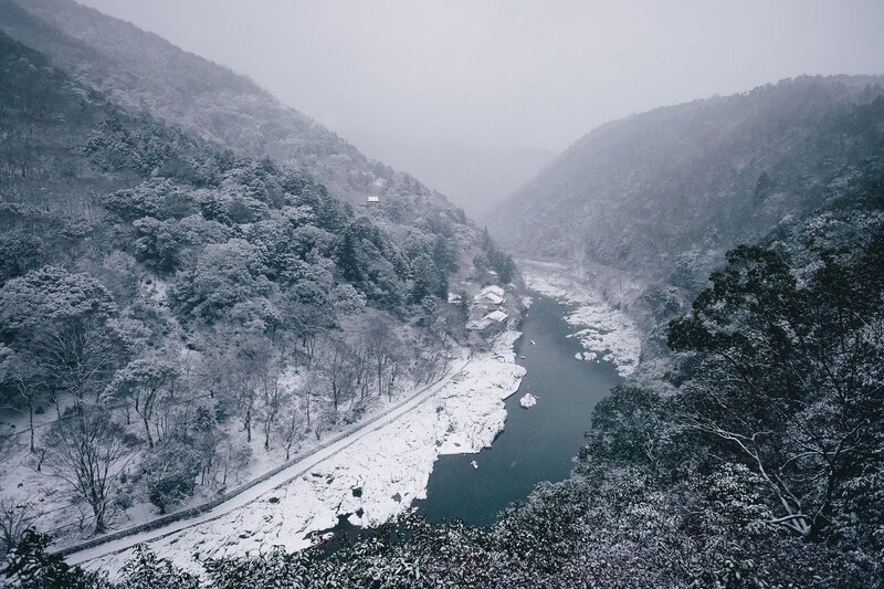 Snow-covered River Valley — White, Serene, Winter, Photograph, Mountains, Trees, Road