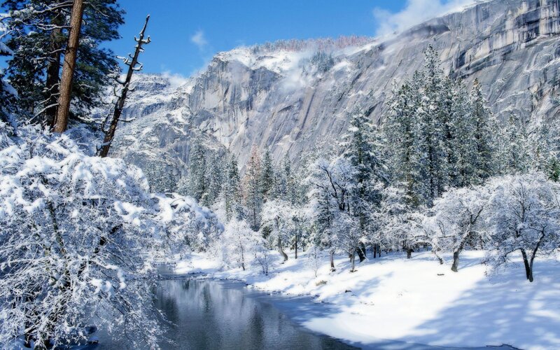 Snow-covered River Valley — White, Serene, Winter, Photograph, Trees, Mountain