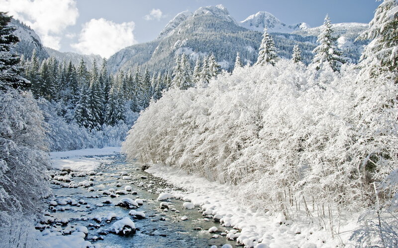 Snow-covered River Valley — White, Serene, Winter