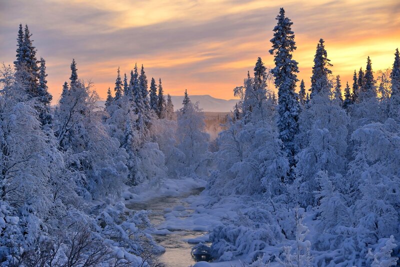 Snow-covered River — White, Serene, Sunset, Photograph