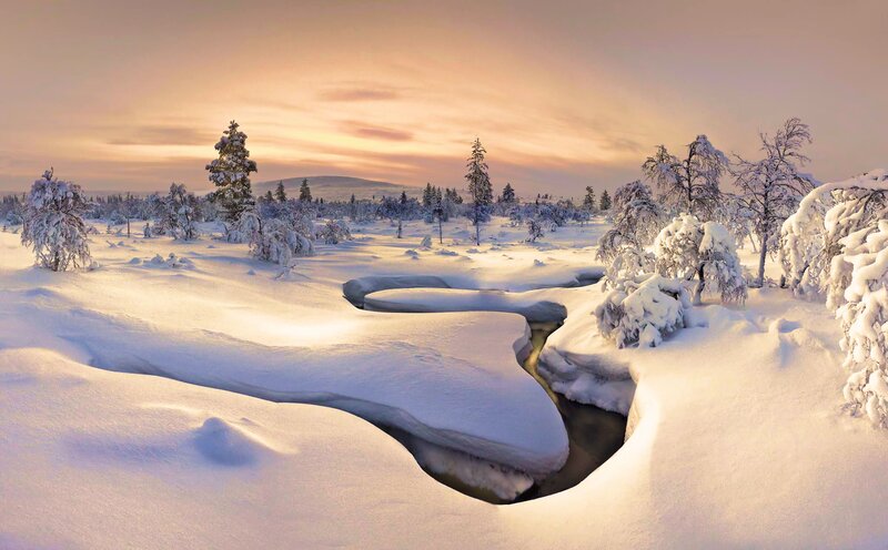 Snow-covered River — White, Serene, Sunset, Photograph, Trees