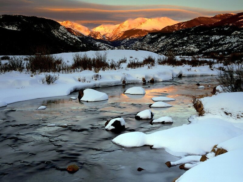 Snow-covered River — White, Serene, Sunset