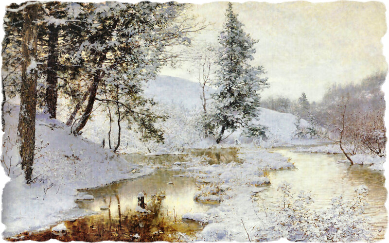Snow-covered River — White, Serene, Winter, Painting