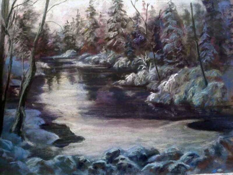 Snow-covered River — White, Serene, Winter, Painting, Trees