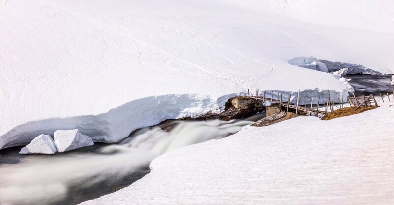 Snow-covered River — White, Serene, Winter, Photograph, Bridge