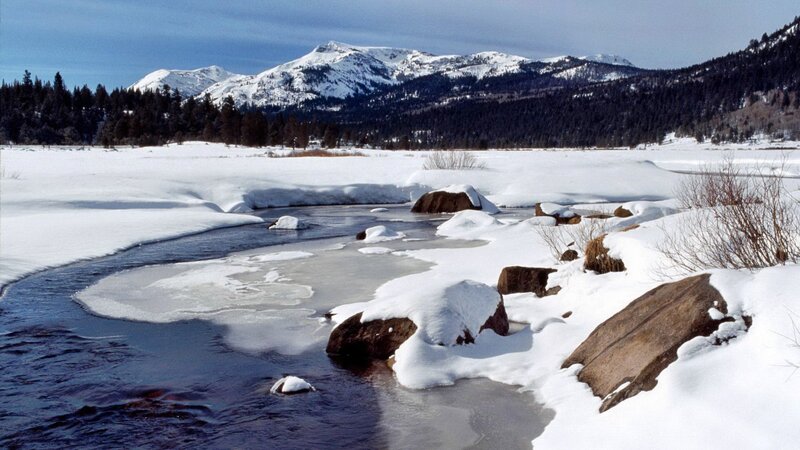 Snow-covered River — White, Serene, Winter, Photograph, Mountains