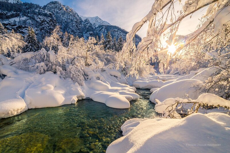 Snow-covered River — White, Serene, Winter, Photograph, Mountains, Trees