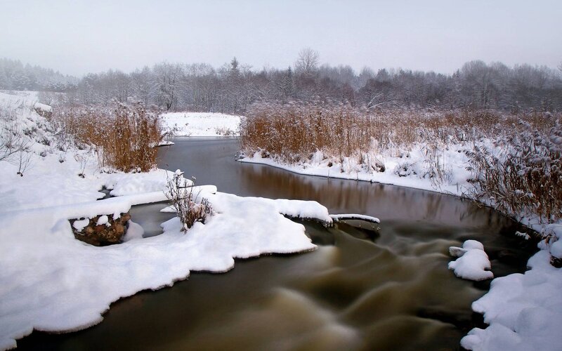 Snow-covered River — White, Serene, Winter, Photograph, Snow