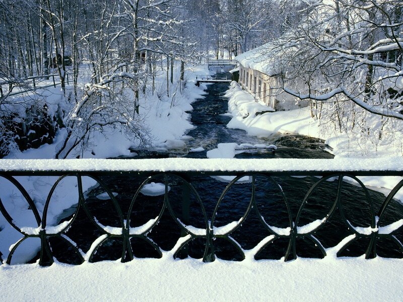 Snow-covered River — White, Serene, Winter, Photograph, Trees, Bridge