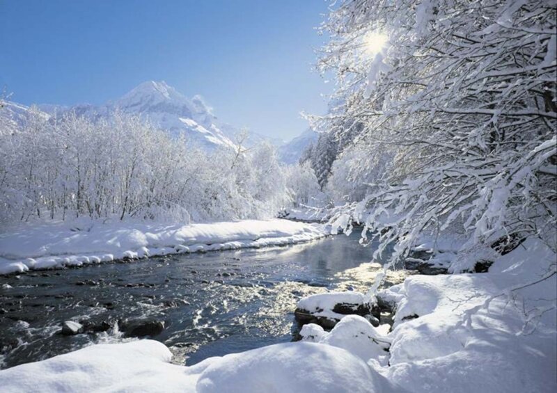 Snow-covered River — White, Serene, Winter, Photograph, Trees, Mountain, Sun