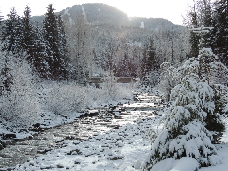 Snow-covered River — White, Serene, Winter, Photograph, Trees, Mountain