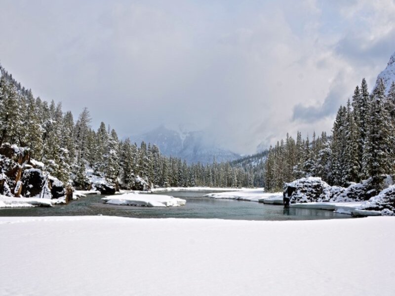 Snow-covered River — White, Serene, Winter, Photograph, Trees, Mountains