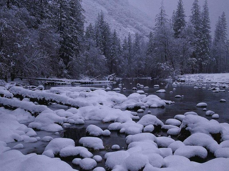 Snow-covered River — White, Serene, Winter, Photograph, Trees, Rocks, Mountain