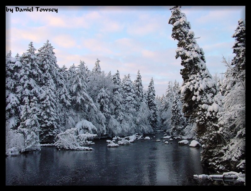 Snow-covered River — White, Serene, Winter, Photograph, Trees, Sky, Blue