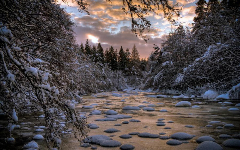 Snow-covered River — White, Serene, Winter, Photograph, Trees, Sky, Ice
