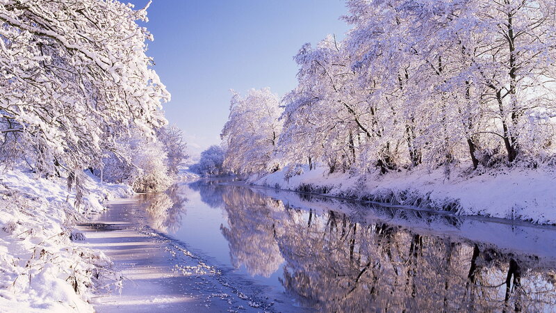 Snow-covered River — White, Serene, Winter, Photograph, Trees, Sky, Snow