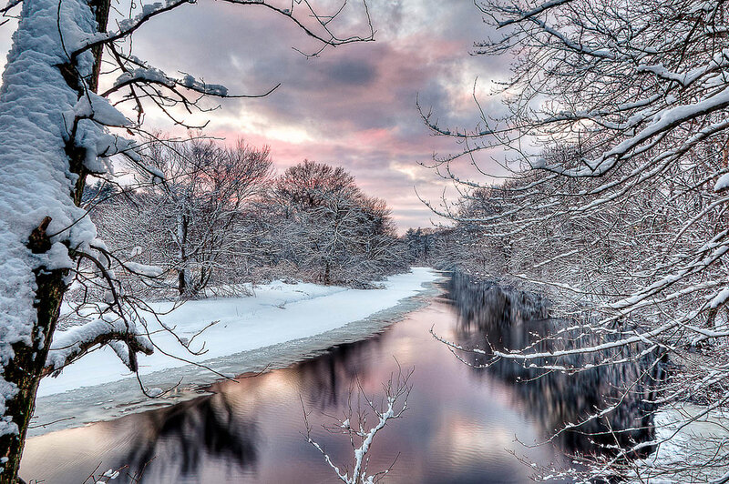 Snow-covered River — White, Serene, Winter, Photograph, Trees, Sky