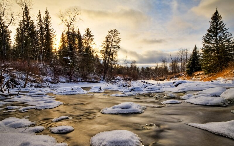 Snow-covered River — White, Serene, Winter, Photograph, Trees, Snow, Sky