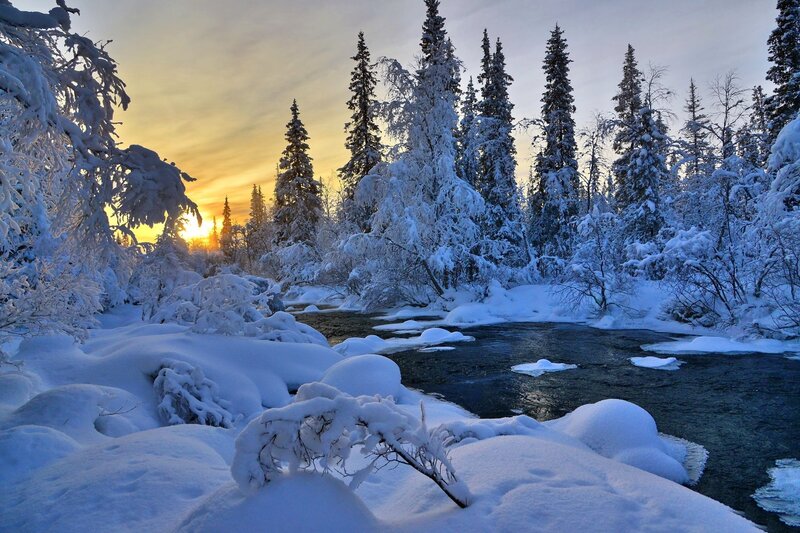 Snow-covered River — White, Serene, Winter, Photograph, Trees, Sunset