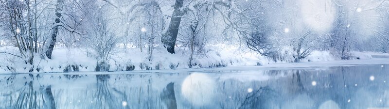 Snow-covered Riverbank — Blue, Serene, Winter, Photograph, River, Trees, Snow