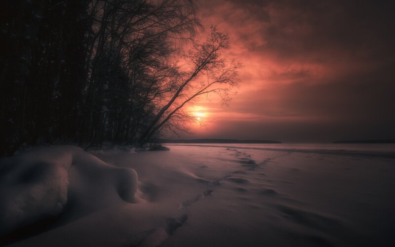 Snow-covered Riverbank — Red, Dramatic