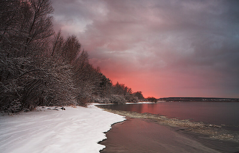 Snow-covered Riverbank — Red