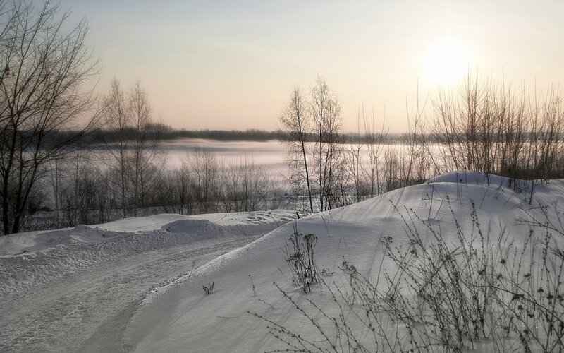 Snow-covered Riverbank — White, Serene, Winter, Photograph, River, Fog